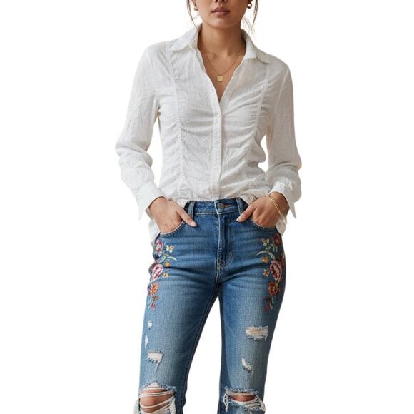 Yoshi Tops - Y2K White Ruched Cotton Button Down Shirt Long Sleeve Fitted Coquette Sz M